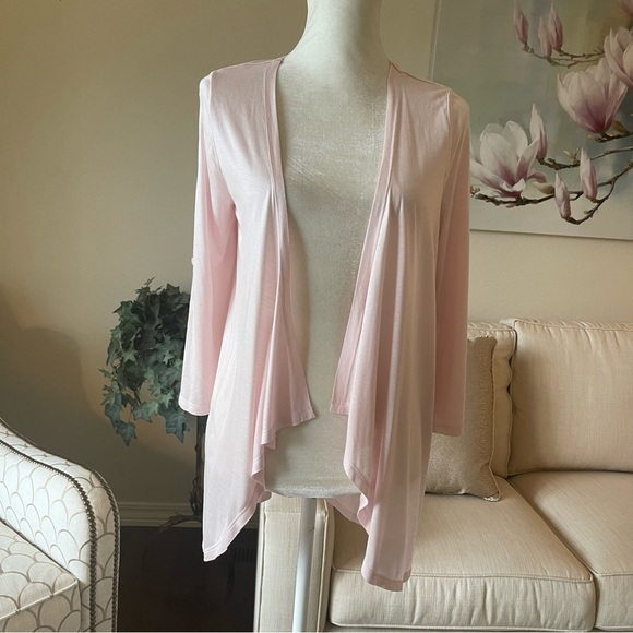 Coldwater Creek Open Front Lightweight Roll Tab Cardigan Tunic In Pale Pink - Picture 5 of 16